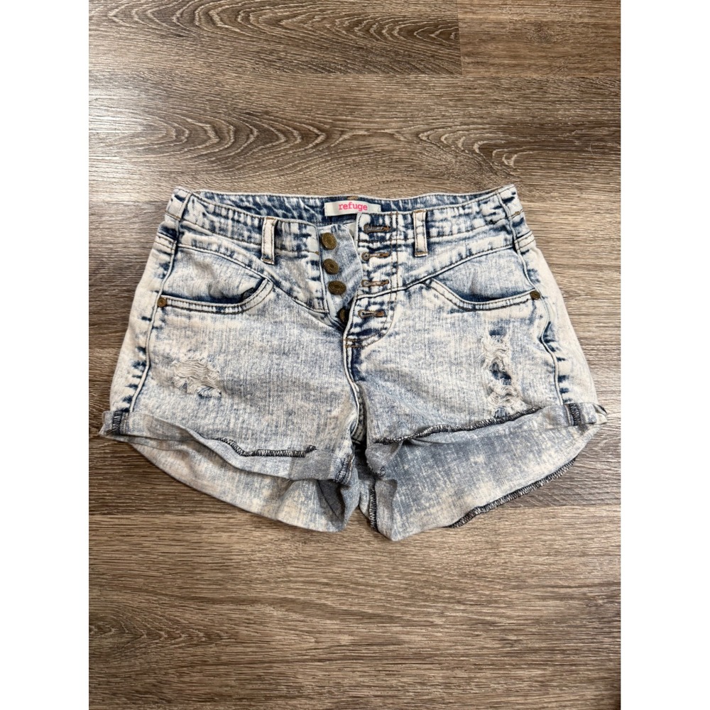 Refuge Womens Size 2 Acid Wash Distressed‎ High Waisted Button Fly Denim Shorts